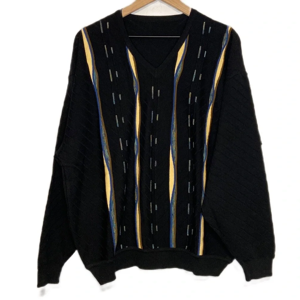 Wool Blend 3D Knit V-Neck Large Pullover Sweater Black Blue Yellow Textured